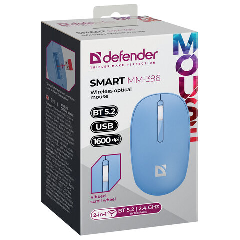 Мышь беспроводная DEFENDER Smart MM-396, 1600 dpi, 2 кнопки + 1 колесо-кнопка, оптическая, синяя, 52397 - фото 5