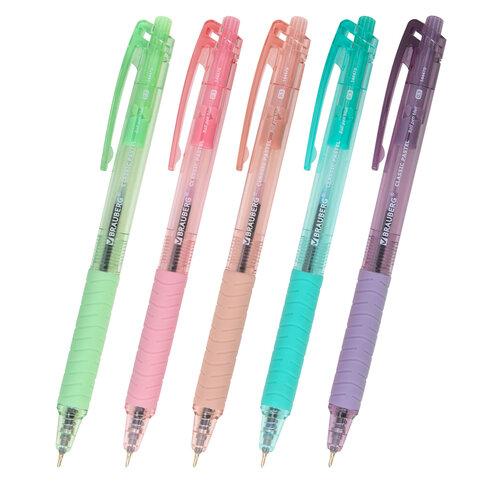 Ручки шариковые автоматические с грипом BRAUBERG "CLASSIC PASTEL", СИНИЕ, НАБОР 5 ШТ., пишущий узел 0,5 мм, линия письма 0,35 мм, 144470 - фото 2