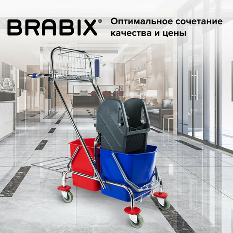 Тележка уборочная BRABIX, 2-съемных ведра по 15 л, отжим, корзина, держатель для мусорного мешка с поддерживающей платформой, 601500 - фото 19