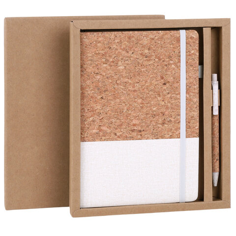 Блокнот в наборе с ручкой А5, 145х213 мм, BRAUBERG "Cork", под кожу, ЭКО обложка, 80 листов, бежевый, 116864 - фото 1
