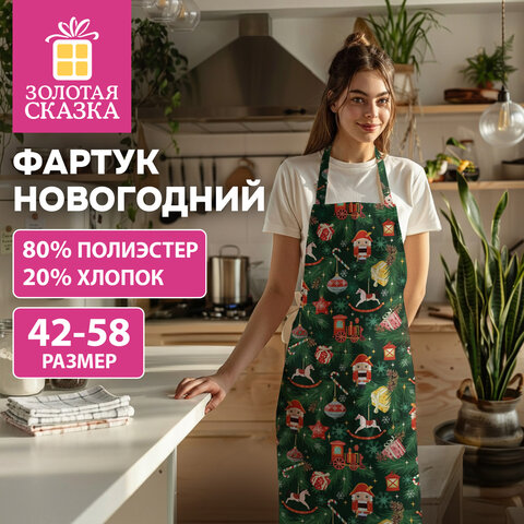 Фартук новогодний (1 шт.), 70х80 см, с изображением ЕЛОЧНЫХ ИГРУШЕК, полиэстер, хлопок, ЗОЛОТАЯ СКАЗКА, 592795 - фото 4