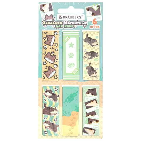 Закладки для книг МАГНИТНЫЕ, "МИЛЫЕ КОТЫ", набор 6 штук, 60x20 мм, BRAUBERG, 116985 - фото 1