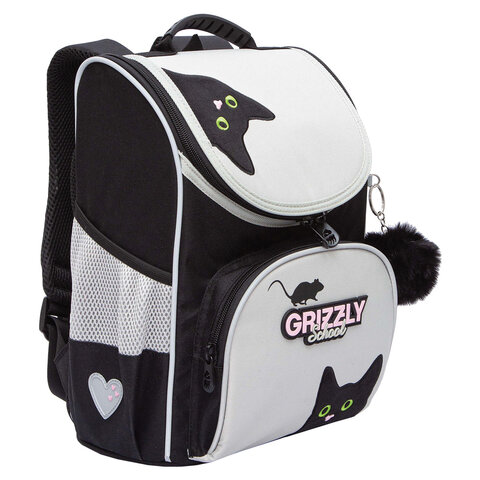 Ранец GRIZZLY анатомическая спинка, с мешком для обуви, для девочек, "BLACKY", серый, 33х25х13 см, RAm-584-1/2 - фото 1