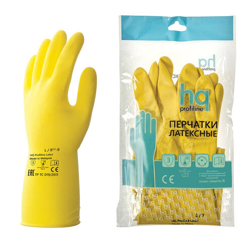 Перчатки латексные КЩС, сверхпрочные, плотные, хлопковое напыление, размер 8,5-9, L (большой), желтые, HQ Profiline, 73587 - фото 1