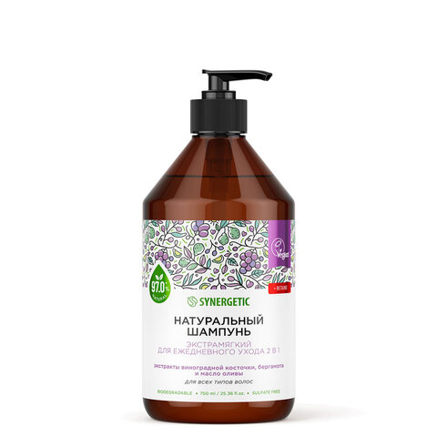 Шампунь 750 мл, SYNERGETIC "Для ежедневного ухода 2 в 1", бессульфатный, 701753 - фото 1