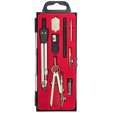 Готовальня STAFF "SCHOOL", 8 предметов: циркуль + кронциркуль, 2 вставки + держатель, отвёртка, точилка, запасные грифели, 210936 - фото 1