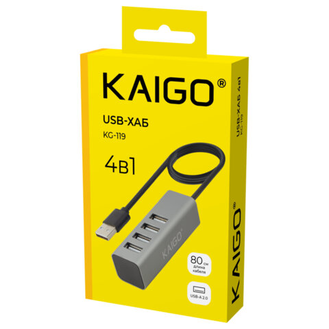 Хаб-разветвлитель KG-119, USB-A 2.0, 4 в 1, 4 x USB-A 2.0, 80 cм, серый, KAIGO (КАЙГО), 355066 - фото 2