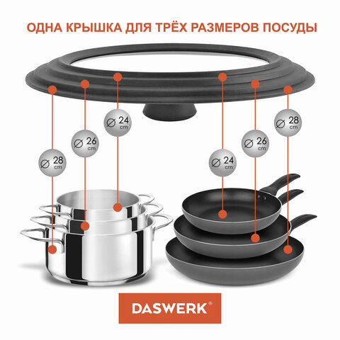 Крышка для любой сковороды и кастрюли универсальная 3 размера (24-26-28 см) серая, DASWERK (ДАСВЕРК), 607591 - фото 11