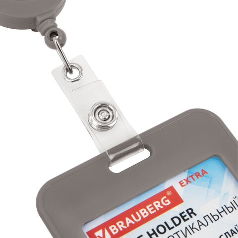Бейдж вертикальный (85х54 мм), с рулеткой 70 см с клипом, СЛАЙДЕР, серый, BRAUBERG EXTRA, 238846 - фото 3