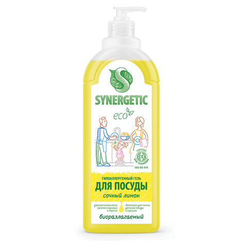 Гель для мытья посуды антибактериальный 1 л, SYNERGETIC "Лимон", дозатор, 103101 - фото 1
