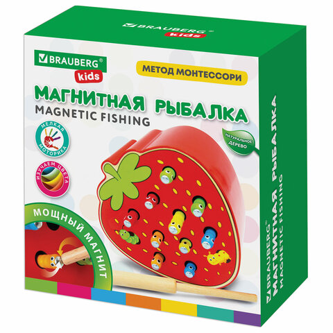 Сортер-рыбалка магнитный деревянный развивающий "Клубника", BRAUBERG KIDS, 665245 - фото 1