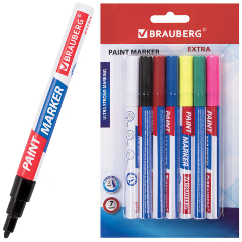 Маркер-краска лаковый EXTRA (paint marker) 2 мм, НАБОР 7 цветов, УСИЛЕННАЯ НИТРО-ОСНОВА, BRAUBERG, 151996 - фото 1