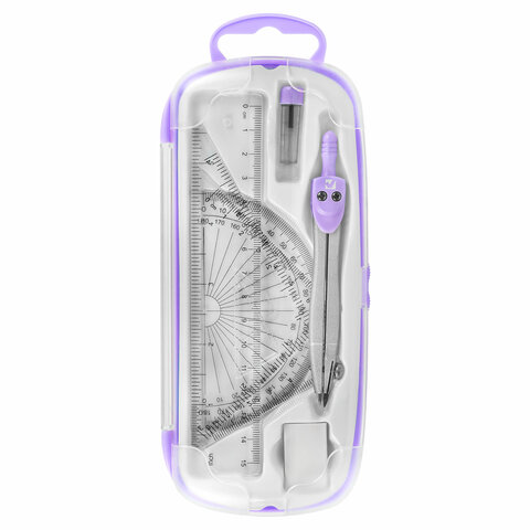 Готовальня BRAUBERG SCHOOL KIT, 8 предметов, циркуль 115 мм, чертежные принадлежности, лавандовый цвет, 210703 - фото 3