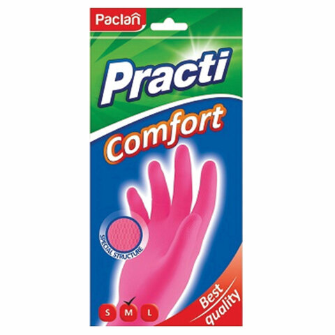Перчатки МНОГОРАЗОВЫЕ латексные PACLAN "Practi Comfort", хлопчатобумажное напыление, размер M (средний), розовые, вес 62 г, 407271 - фото 2