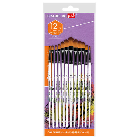 Кисти художественные набор 12 шт., синтетика, овальные № 1-12, BRAUBERG ART DEBUT, 201051 - фото 1