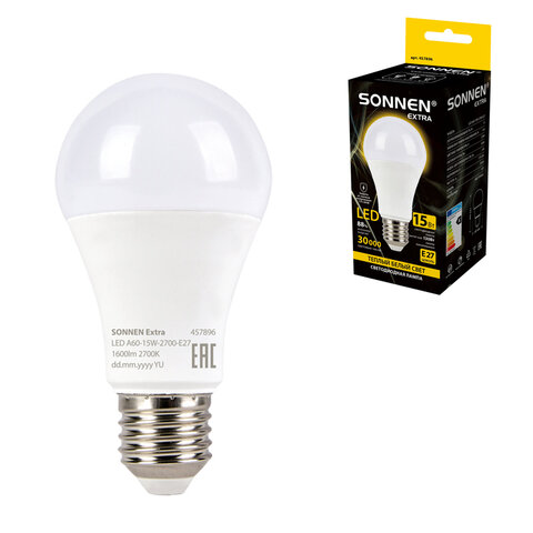 Лампа светодиодная SONNEN EXTRA, 15 (130) Вт, Е27, груша, теплый белый, 30000 ч, LED A60-15W-2700-Е27, 457896 - фото 1