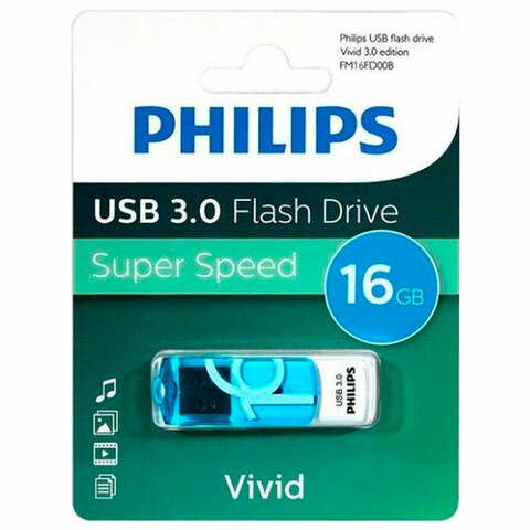 Флеш-диск 16 GB PHILIPS VIVID, разъем USB 3.0, синий, FM16FD00B/97 - фото 1