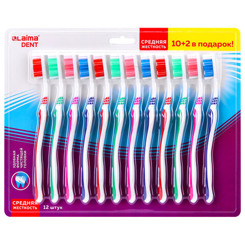 Зубная щетка средней жесткости, КОМПЛЕКТ 12 шт. (10 + 2 в подарок), LAIMA DENT, 609689 - фото 1