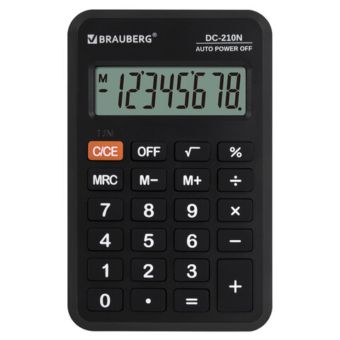 Калькулятор карманный BRAUBERG DC-210N (63х98 мм), 8 разрядов, черный, 272953 - фото 1