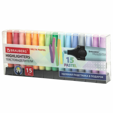 Набор текстовыделителей 15 ПАСТЕЛЬНЫХ ЦВЕТОВ на подставке, BRAUBERG "DELTA PASTEL", линия 1-5 мм, 152507 - фото 1