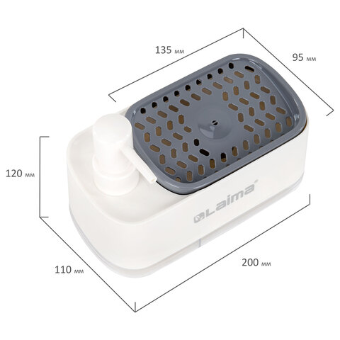 Диспенсер/дозатор DUET для мыла и моющего средства + губка, БЕЛЫЙ, 11х20х12 см, LAIMA HOME, 700043 - фото 9