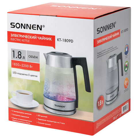 Чайник электрический с терморегулятором SONNEN KT-1809D, 1,8 л, 2200 Вт, 5 цветов подсветки, 5 температур, стекло текстура ромб, 455141 - фото 20