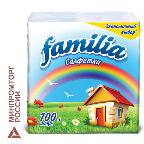 Салфетки бумажные 100 шт., 24x23 см, FAMILIA, белые, 100% целлюлоза, 5039302, 5080553 - фото 1