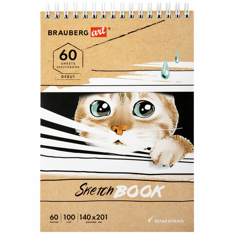 Скетчбук, белая бумага 100 г/м2, 140х201 мм, 60 л., гребень, жёсткая подложка, BRAUBERG ART DEBUT, "Котик!", 115062 - фото 1