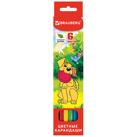 Карандаши цветные BRAUBERG "My lovely dogs", 6 цветов, шестигранные, грифель 3 мм, натуральное дерево, 180518 - фото 2