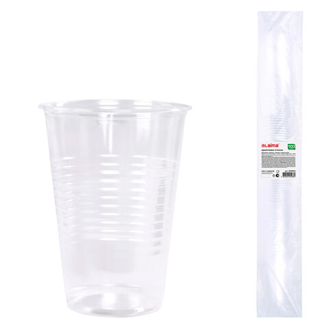 Стакан одноразовый пластиковый, прозрачный 200 мл, КОМПЛЕКТ 100 шт., БЮДЖЕТ, ПП, холодное/горячее, LAIMA, 600933 - фото 1