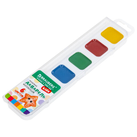 Краски акварельные BRAUBERG KIDS NEW, медовые, 6 цветов, квадратные кюветы, пластиковый пенал с европодвесом, 192794 - фото 4