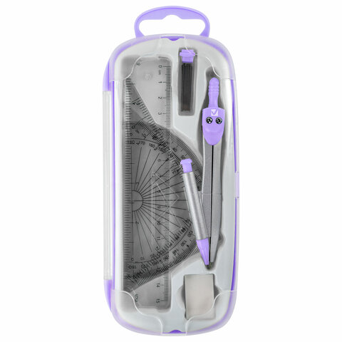 Готовальня BRAUBERG SCHOOL KIT, 9 предметов, циркуль 125 мм, чертежные принадлежности, лаванда, 210713 - фото 3