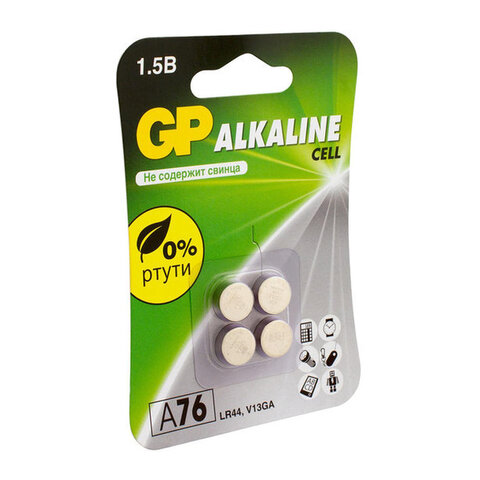 Батарейки КОМПЛЕКТ 4 шт., GP Alkaline, A76 (G13, LR44), алкалиновая, блистер, A76-С10, A76F-2CRU4 - фото 2
