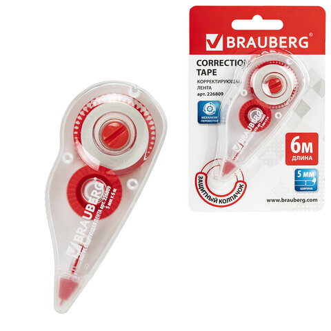 Корректирующая лента BRAUBERG, 5 мм х 6 м, корпус красный, механизм перемотки, блистер, 226809 - фото 1