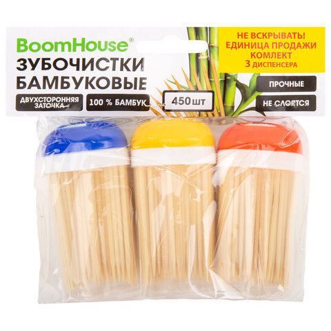 Зубочистки бамбуковые 450 штук, КОМПЛЕКТ 3 диспенсера по 150 штук, BOOMHOUSE (БУМХАУС), 701947 - фото 1