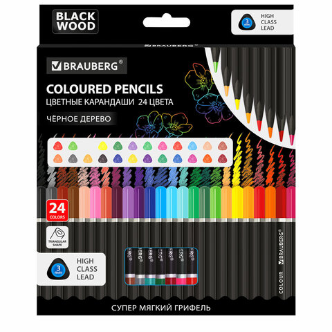 Карандаши цветные чёрное дерево BRAUBERG BLACK WOOD, 24 цвета, трехгранные, мягкий грифель 3 мм, 181949 - фото 1
