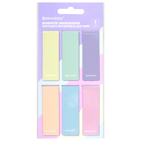 Закладки для книг МАГНИТНЫЕ, "PASTEL", набор 6 штук, 60x20 мм, BRAUBERG, 117013 - фото 1