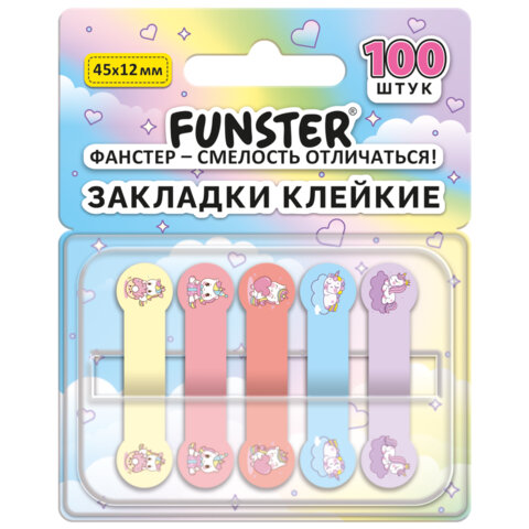 Закладки клейкие Z-сложения FUNSTER (ФАНСТЕР) "Единороги", 45х12 мм, 100 шт. (5 цветов х 20 листов), в диспенсере, 116703 - фото 1