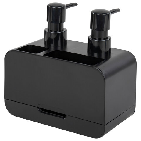 Дозатор DOUBLE для мыла/геля и моющего средства/шампуня, 2х350 мл, органайзер для губок и щеток, ЧЕРНЫЙ, 10х18х17 см, LAIMA HOME, 700045 - фото 6