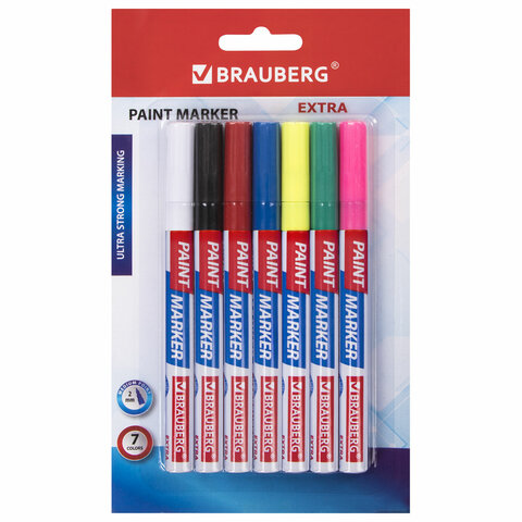 Маркер-краска лаковый EXTRA (paint marker) 2 мм, НАБОР 7 цветов, УСИЛЕННАЯ НИТРО-ОСНОВА, BRAUBERG, 151996 - фото 1