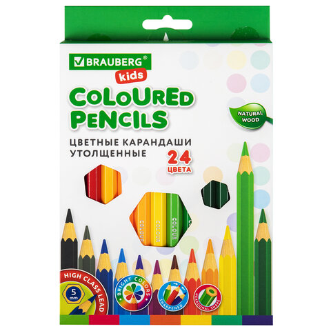 Карандаши цветные утолщенные BRAUBERG KIDS, 24 цвета, шестигранные, грифель 5 мм, натуральное дерево, 181879 - фото 1