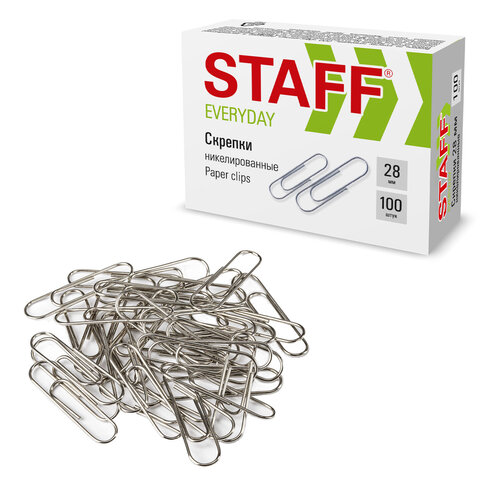 Скрепки STAFF "EVERYDAY", 28 мм, никелированные, 100 шт., в картонной коробке, 226758 - фото 1