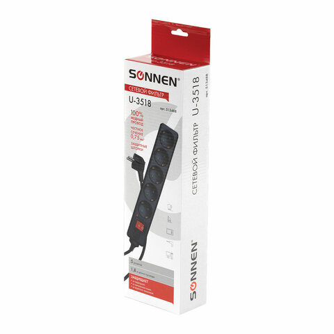Сетевой фильтр SONNEN U-3518, 5 розеток, с заземлением, выключатель, 10 А, 1,8 м, черный, 513488 - фото 1