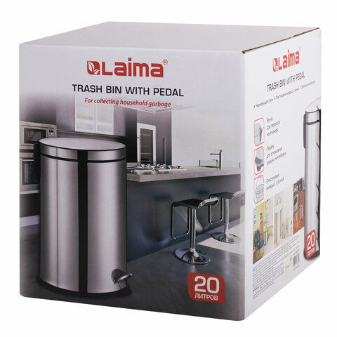 Ведро мусорное с педалью 20 литров "Classic Plus", ЗЕРКАЛЬНОЕ, нержавеющая сталь, со съемным внутренним ведром, LAIMA, ТУРЦИЯ, 608114 - фото 9