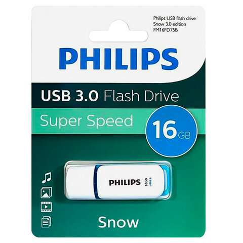 Флеш-диск 16 GB PHILIPS SNOW, разъем USB 3.0, синий, FM16FD75B/97 - фото 3
