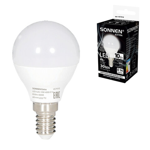 Лампа светодиодная SONNEN EXTRA,10 (85) Вт, E14, шар, нейтральный белый, 30000 ч, LED G45-10W-4000-Е14, 457910 - фото 1