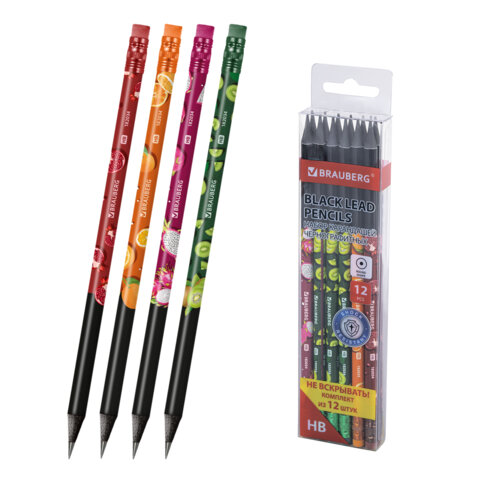 Набор карандашей чернографитных с принтом BRAUBERG "JUICY FRUIT", 12 штук, HB, с ластиком, корпус ассорти, 182034 - фото 1
