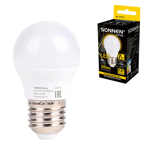 Лампа светодиодная SONNEN EXTRA, 7 (60) Вт, E27, шар, теплый белый, 30000 ч, LED G45-7W-2700-Е27, 457911 - фото 1
