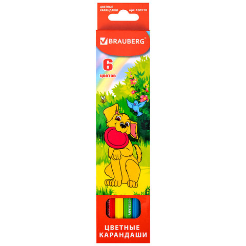 Карандаши цветные BRAUBERG "My lovely dogs", 6 цветов, шестигранные, грифель 3 мм, натуральное дерево, 180518 - фото 5