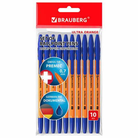 Ручки шариковые BRAUBERG "ULTRA ORANGE", СИНИЕ, НАБОР 10 штук, корпус оранжевый, узел 0,7 мм, 143571 - фото 1